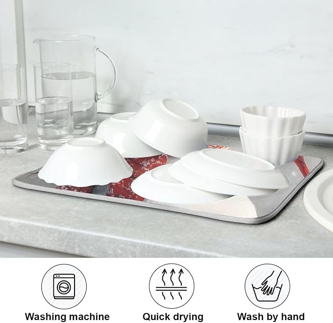 Snowman Cardinal Bird Absorbent Dish Drying Mat, Dishes Drainer Protector Pad Pot Holder for Kitchen 16 x 18 Inch