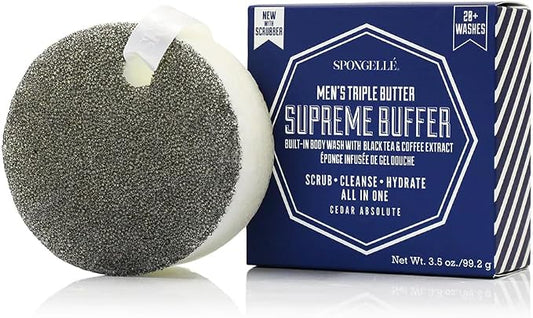 Spongellé Men's Supreme Buffer, Cedar Absolute | 20+ Washes | Body Wash Infused Exfoliating Body Scrubber | Loofah Sponge For Men | Gift for Father's Day, Vegan, Dermatologist-Tested, Made in USA