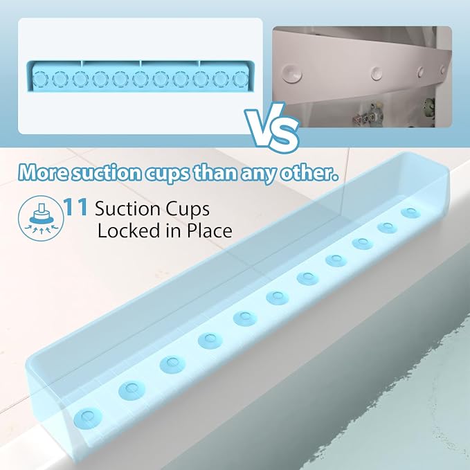 31” Bathtub Splash Guard Shelf with Strong Suction Cups, Silicone Tub Water Guard Organizer for Shampoo & Bath Essentials, No-Mess Spill Protection – Blue