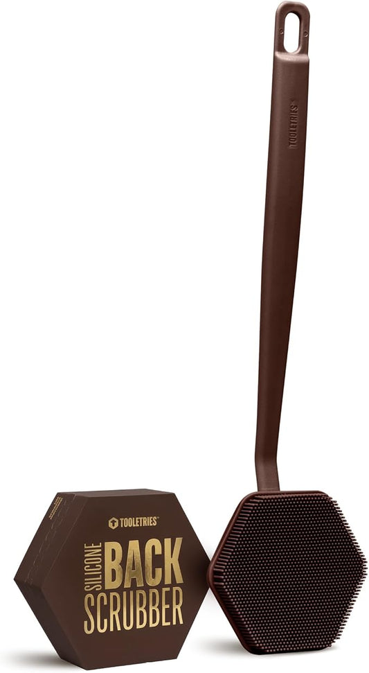 TOOLETRIES Silicone Back Scrubber for Shower, Bath Brush - Chocolate | Long ergonomic handle and non-slip grip make exfoliating hard-to-reach areas simple and comfortable.