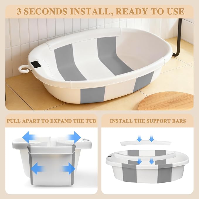 Baby Bathtub, Baby Tub with Thermometer & Soft Cushion, Collapsible Baby Bathtub from Newborn to Toddler Bathtub 0-36 Months, Foldable for Quick Use & Portable for Travel(Grey)
