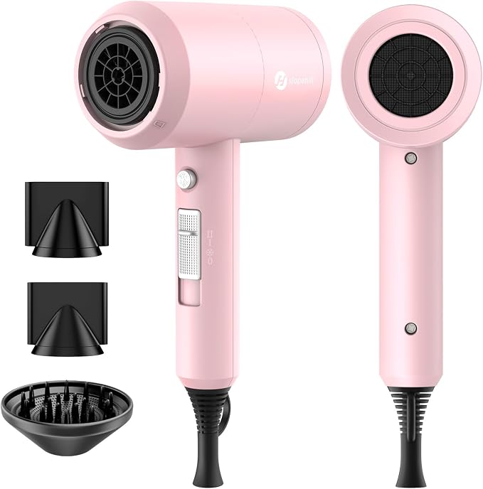 slopehill Professional Ionic Hair Dryer, Powerful 1800W Fast Drying Low Noise Blow Dryer with 2 Concentrator Nozzle 1 Diffuser Attachments for Home Salon Travel (Pink)