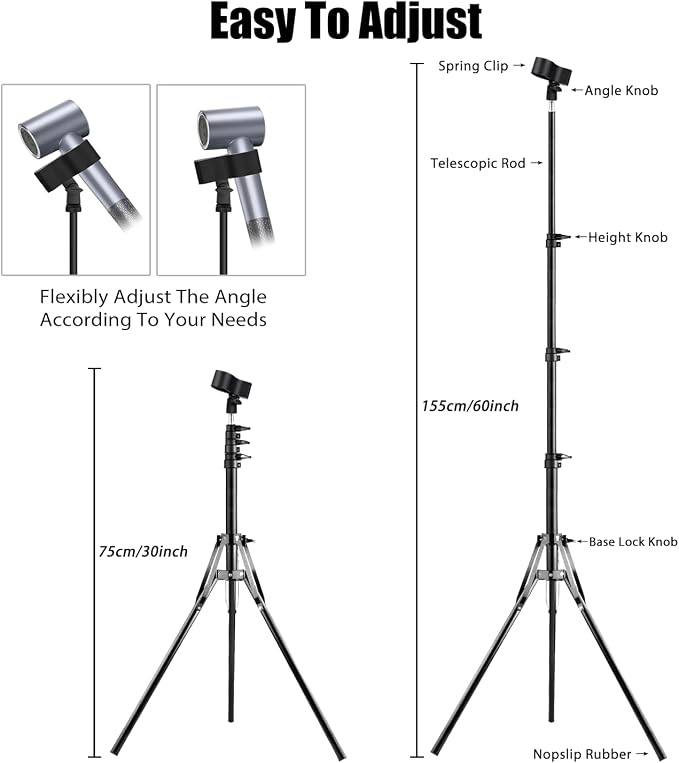 Hair Dryer Stand, Height Adjustable Hands-Free Lazy Blow Dryer Holder with 180 Degrees Rotatable Larger Clamp Non-Slip Tripod, for Bathroom, Vanity, Makeup Room Floor or Countertop Pet Salon
