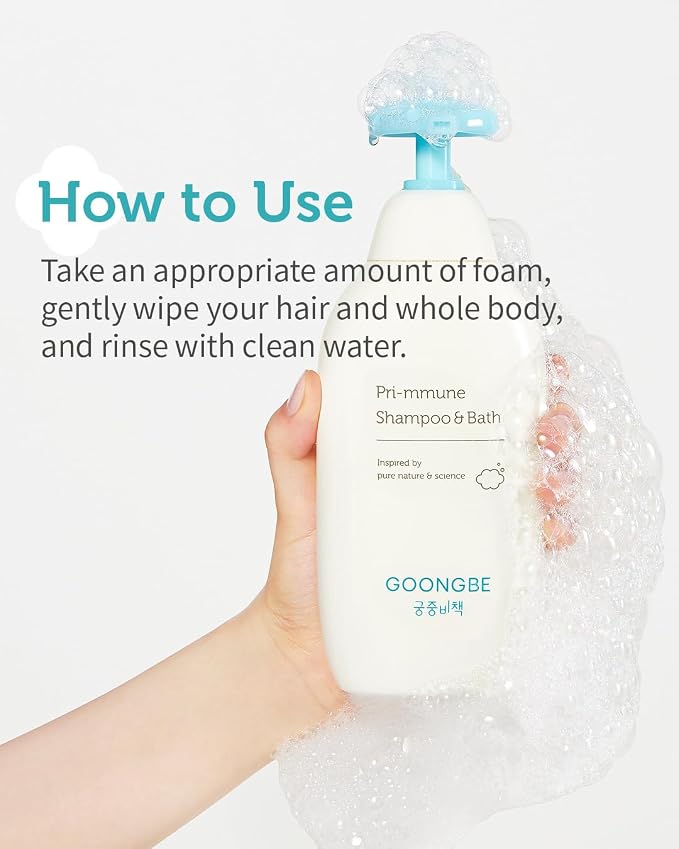 GOONGBE Pri-mmune Baby Shampoo & Body Wash for Sensitive Skin & Hair – Korean 2-in-1 Tear-Free Tested Head-to-Toe Cleanser, Sulfate-Free Low pH with Ceramide NP & Royal Oji Complex, Quick Rinse 11.8oz