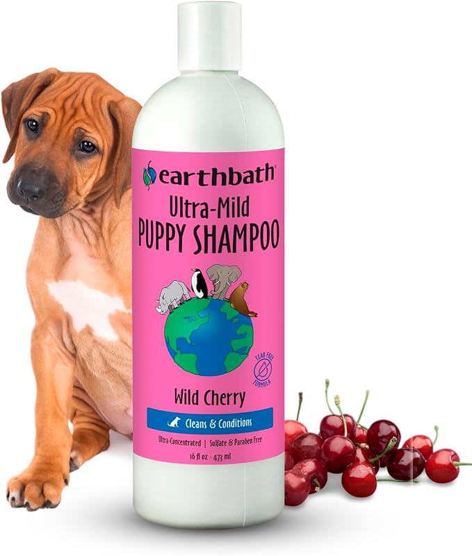earthbath, Ultra-Mild Wild Cherry Puppy Shampoo - Extra Gentle & Tearless Dog Shampoo, Made in USA, Deodorizing Dog Wash, Cruelty Free Puppy Supplies, Shampoo for Smelly Dogs - 16 Oz (1 Pack)
