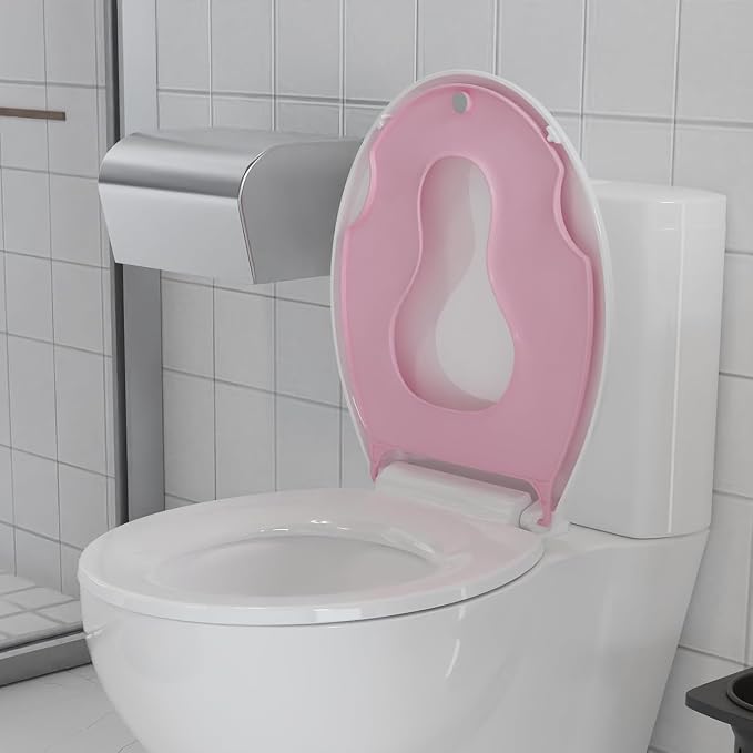 17” Round Toilet Seat with Built-in Toddler Seat for Easy Potty Training, Baby Toilet lid 2 in 1, Easy Install and Clean, PP Material Safe and No Loosen, Perfect for Both Adults and Children, Pink