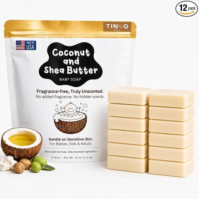 Fragrance Free Baby Bar Soap for Sensitive Skin | Unscented Natural soap bar for toddlers kids adults with gentle skin | Organic ING | Made in USA | 12 Bars (3.5 oz Each)