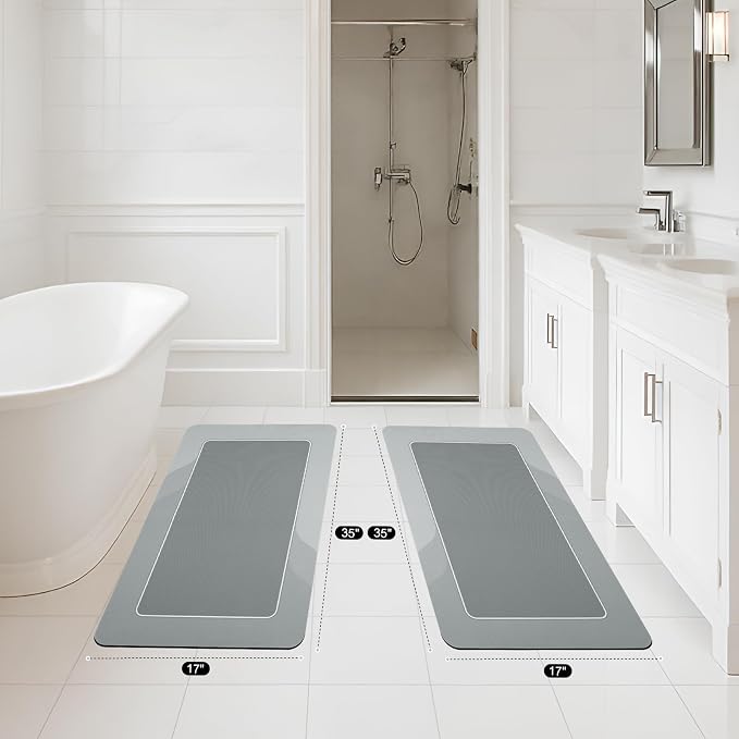 ArtyCozy Super Absorbent Stain Resistant Soft Bath Mat 2 Piece, Easy Care Non-Slip Thin Bathroom Rug with Rubber Backed, Grey, 17" × 35" Plus 17" × 35"