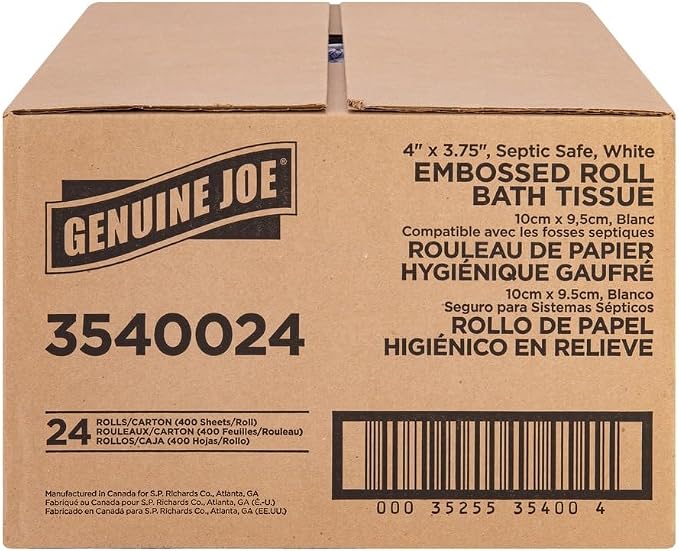 Genuine Joe Embossed Bath Tissue, 2-Ply, Septic Safe, Individually Wrapped, 4" x 3.75", 400 Sheets/Roll, 24 Count