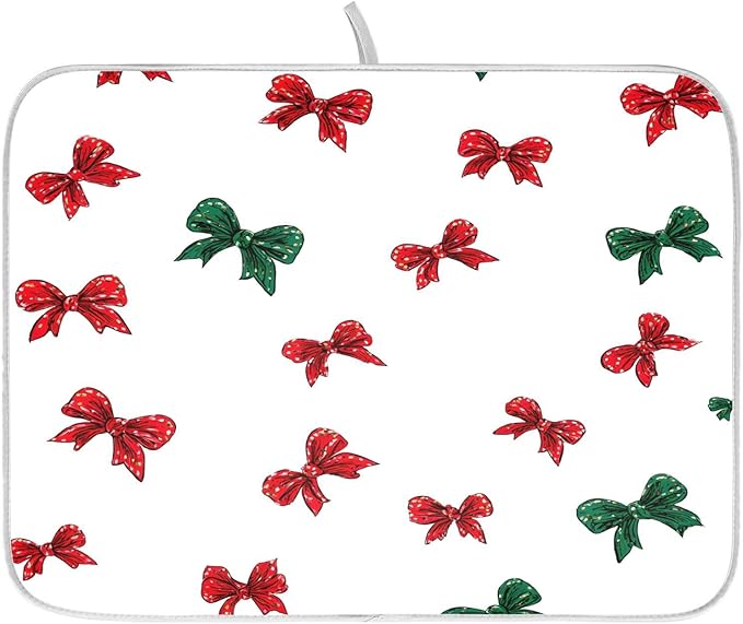 Christmas Bow Pattern Dish Drying Mat, Absorbent Drainer Mats for Kitchen Counter Coffee Maker 24"x18"