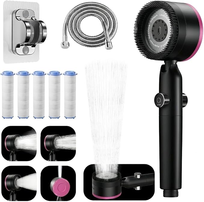 Filtered Handheld Shower Head, High Pressure Power Showerhead with 5 Filters & 59" Flexible Hose, 360° Rotating Adjustable Shower Head with Wall Holder & ON/Off Switch for Hair & Skin, Black