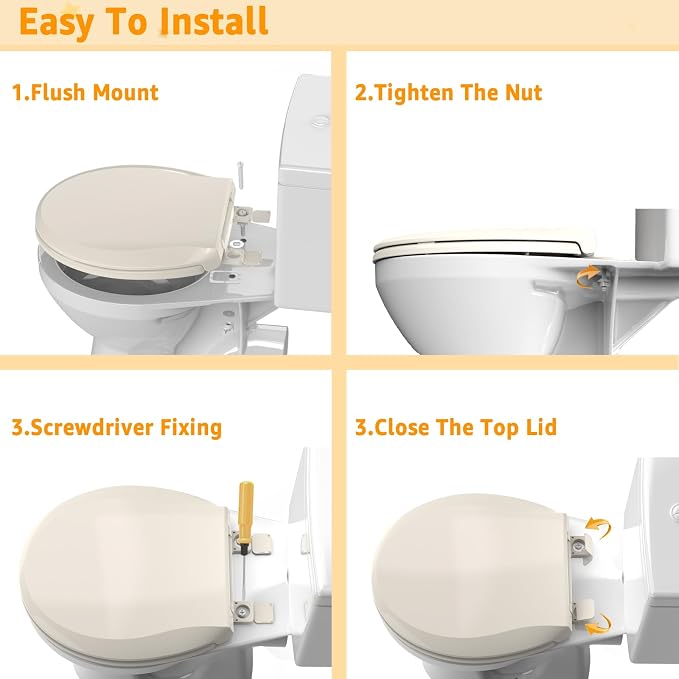 Round Toilet Seat Soft Close 16.5", Standard Universal Toilet Lid Round with PP Material Safe, Easy to Clean and Install, Ergonomic design, Never Loosens,2 Years Support, Almond Plastic
