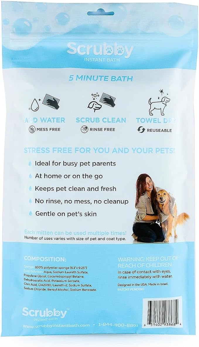 Scrubby Pet No Rinse Wipes | Rinse Free Shampoo Mittens | Dogs and Cats | Bath Wipes - Bathing & Washing Pets, Hypoallergenic | No Rinse Wash Mitt | Grooming, Lather Wipe Dry - Pack of 5