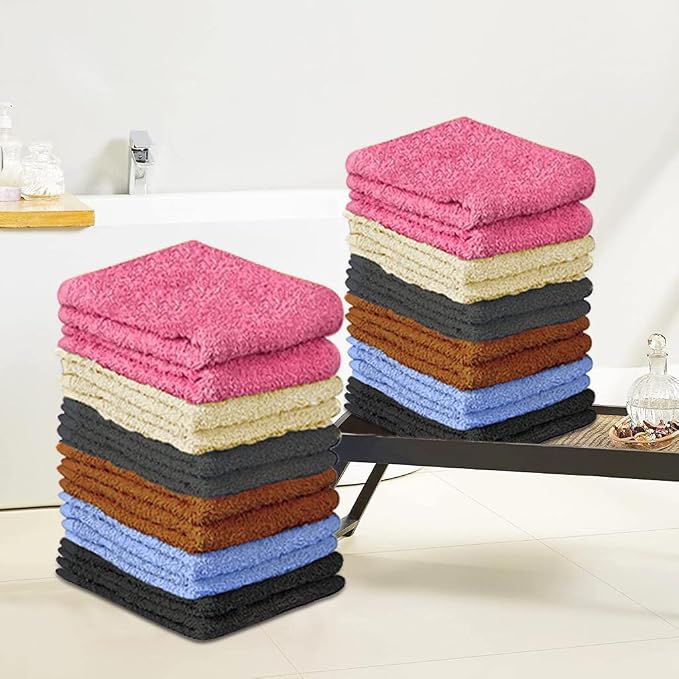 QUBA LINEN 100% Cotton Washcloth Set 24 Packs – Soft, Absorbent Face Towels for Bathroom & Gym Use – Reusable, Durable & Machine Washable Wash Cloths - Multi-Color, 12x12 Inches