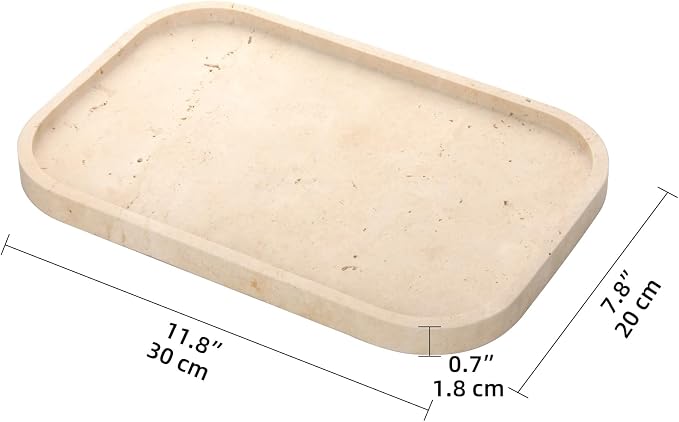 Marble Bathroom Vanity Tray, Natural Marble Home Kitchen Table Tray, Stone Decorative Countertop Serving Organizer for Dresser Coffee Perfume Jewelry Makeup (1, Light Travertine L, 12 * 8 * 0.8)
