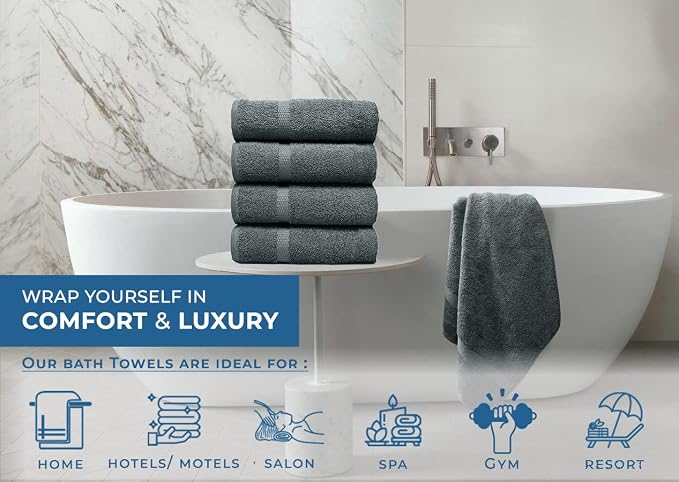 DAN RIVER Large Bath Towels Set of 4, 27 x 54 Inches, 600 GSM Larger & Lighter Weight Towels for Bathroom - Highly Absorbent & Quick Dry 100% Cotton Bath Towel Set for Home, Gym, Spa & Hotel - Gray