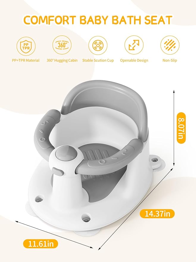 Baby Bath Seat for Babies 6 Months & Up - Bathtub Seats for Babies with 3 Baby Bath Toys, Non-Slip, Comfortable, Infant Bath Essentials-Grey
