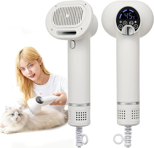 3-in-1 Dog Hair Dryer Brush - Adjustable Temp (35°C-60°C) & 4 Speeds, One-Touch Hair Collection for Safe Grooming of Small & Medium Dogs Cats