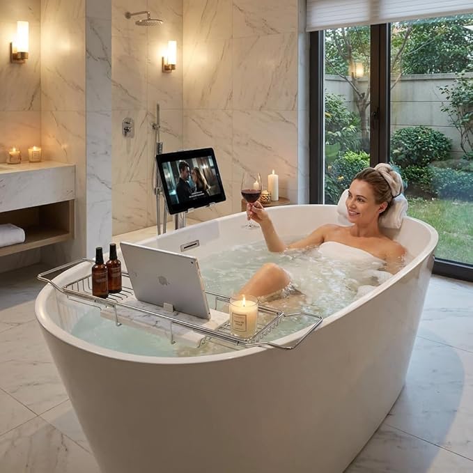 Bathtub Tray Caddy for Luxury Bath, Stainless Steel 26.8-35.4 in Expandable Extra Wide Bath Tub Tray with Natural Marble and Mobile/Tablet Stand, Ideal for Home Spa Lovers (Silver + White)