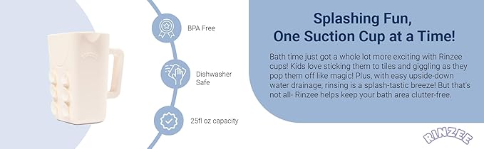 Rinzee® Baby Bath Rinse Cup with Suctions – Soft Silicone Shampoo Rinser for Kids – BPA‑Free, Drains Upside Down, Sticks to Tiles. Patent Pending