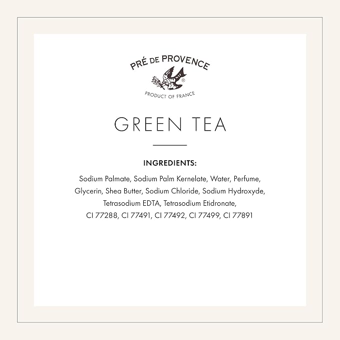 Pre de Provence Artisanal Soap Bar, Natural French Skincare, Enriched with Organic Shea Butter, Quad Milled for Rich, Smooth & Moisturizing Lather, Green Tea, 5.3 Ounce