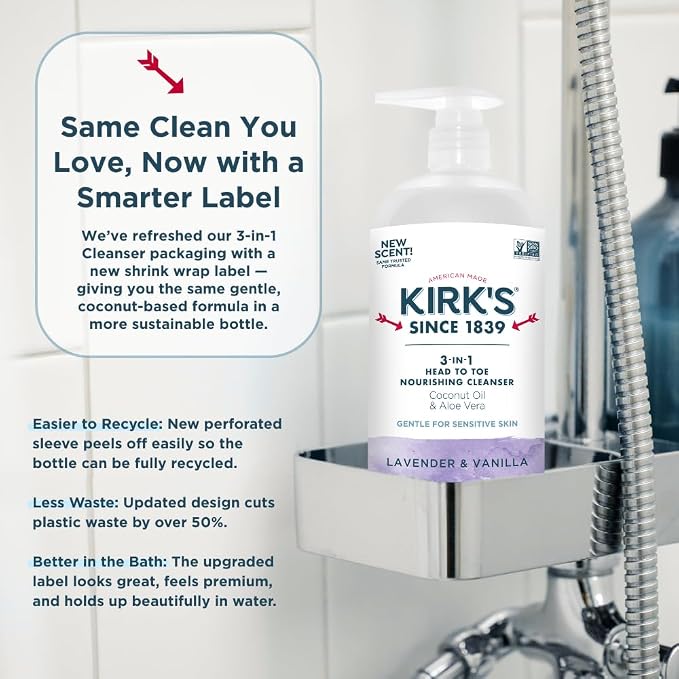 Kirk's 3-in-1 Head to Toe Nourishing Liquid Cleanser- for Men, Women & Children - Premium Coconut Oil & Aloe Vera- Non GMO & Vegan - Lavender and Vanilla - 32 Fl Oz. - 2 Pack