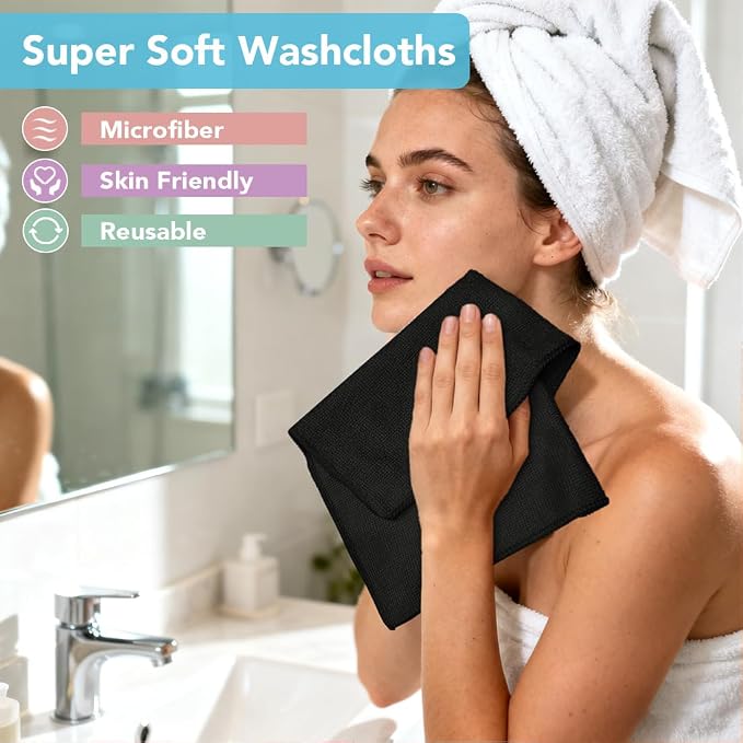 Orighty Wash Cloths, 10 Pack Face Towels, Soft Quick-Drying Washcloths, Multi-Purpose Microfiber Face Cloths for Bathroom, Gym, Spa, Hotel, Travel, 11.5"x11.5", Black