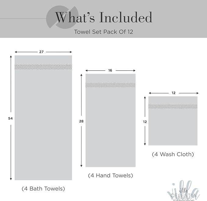 12-Piece 100% Cotton Towel Set, 4 Bath Towels, 4 Hand Towels, 4 Wash Cloth, Quick-Dry, Black