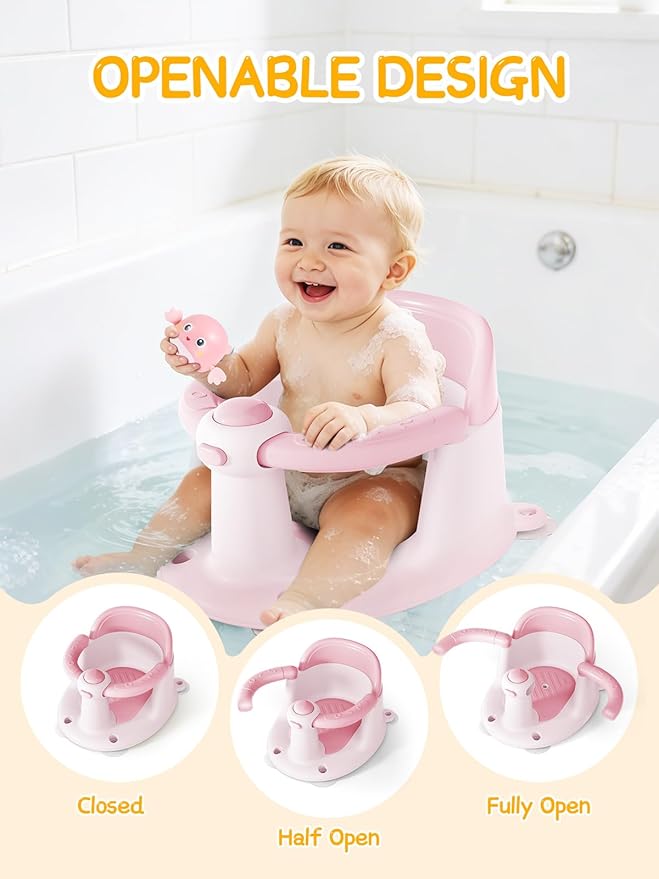Baby Bath Seat for Babies 6 Months & Up - Bathtub Seats for Babies with 3 Baby Bath Toys, Non-Slip, Comfortable, Infant Bath Essentials-Pink