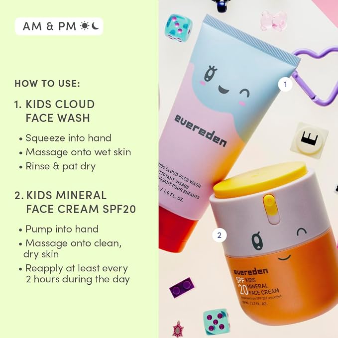 Evereden Kids Face Wash & SPF 20 Cream Set | Dermatologist-Tested, Mineral Sunscreen with Zinc Oxide & Vitamin B5 | No Phenoxyethanol, EWG Verified, Gentle, Safe for Ages 3+, Sensitive Skin + Headband