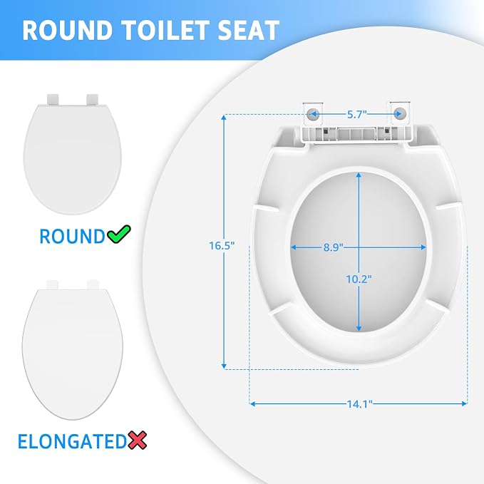 Huttdmel Toilet Seat Round 16.5 Inch & Quick Release - Quick Connect, Standard Toilet Lid Soft Close, PP Material Safe & Easy Clean and Install, Sturdy Accessories Never Loosen, White Plastic