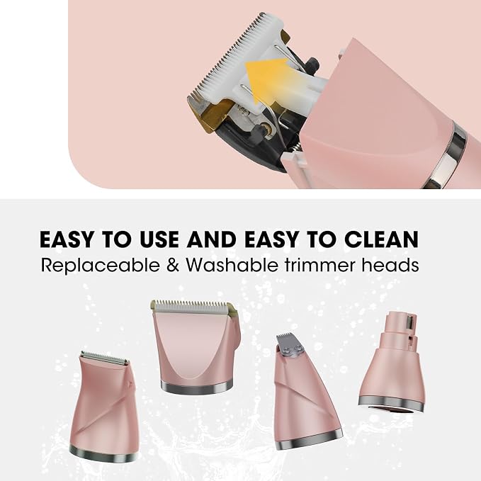 QREEYX Upgrade Dog Grooming Kit, Cordless Dog Paw Trimmer, 4 in 1 Low Noise Pets Hair Clipper Grooming Kit, 2-Speed Nail Grinder with Stainless Steel Blade for Small Pet with Thick Coats (Pink)