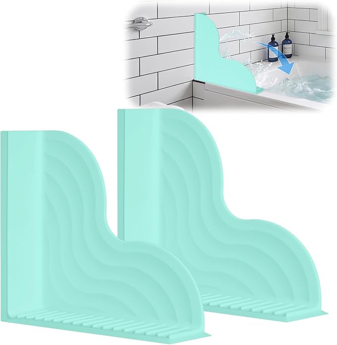 2 PCS Suction Cup Splash Guard, No-Adhesive Silicone Shower Corner Splash Guard for Bathtub and Walk in Shower, Angle Water Stopper, Durable Easy to Remove, Keep Floor Drier (Green)