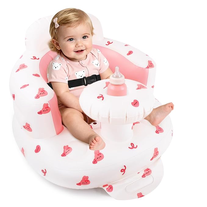 BEBOAN Inflatable Baby Seat with Tray for 3 Months Up Baby, Portable Upseat Baby Chair with Safety Strap for Sitting Up, Foldable Blow Up Infant Seat with Built-in Air Pump (Pink Bunny)