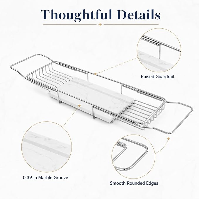 Expandable Bathtub Tray, Stainless Steel Bath Table Tray with Marble Board, Modern Luxury Bathtub Shelf for Bathrooms, Kitchen Sink (Silver+White)