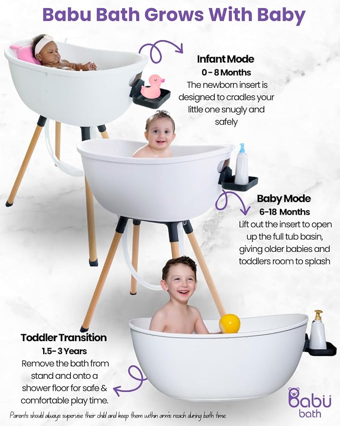 Luxury Baby Bathtub with Wooden Stand – 3-Stage Convertible, Ergonomic & Back-Saving Design