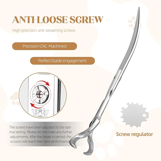 Curved Dog Grooming Scissors 7.5 Inch VG10 Steel | Smooth controlled cuts for face, paws, ears and body; comfortable grip for detailed shaping
