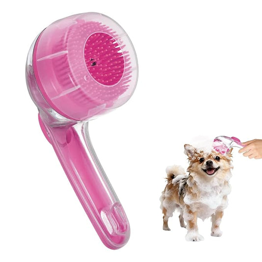 Pet Bath Brush, Dog Shampoo Brush New 2 in 1 Grooming Massage Scrubber Bubble Maker with Ring Built-in Shampoo Dispenser(Fine Bristled,Pink), for Long Short Hair Cats Shower