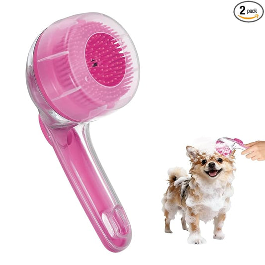 Pet Bath Brush, Dog Shampoo Brush New 2 in 1 Grooming Massage Scrubber Bubble Maker with Ring Built-in Shampoo Dispenser(2Pcs,Fine Bristled,Pink), for Long Short Hair Cats Shower