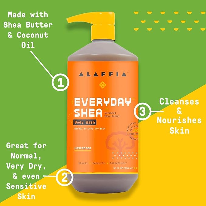 Alaffia Body Wash, Everyday Shea, Unscented 2-Pack – Gentle Skin Cleanser, Shower Gel for Normal to Very Dry Skin, 32 Oz Ea