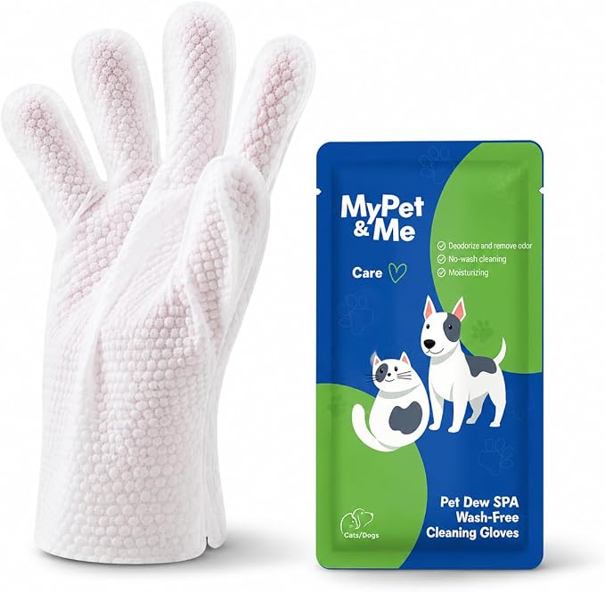 My Pet & Me Pet Glove Wipes for Dogs & Cats with Olive & Jojoba Oil, No-Rinse Five-Finger Cleaning Gloves, Individually Wrapped Grooming Mittens for Between Baths, Paws, Face & Body, 6 Count