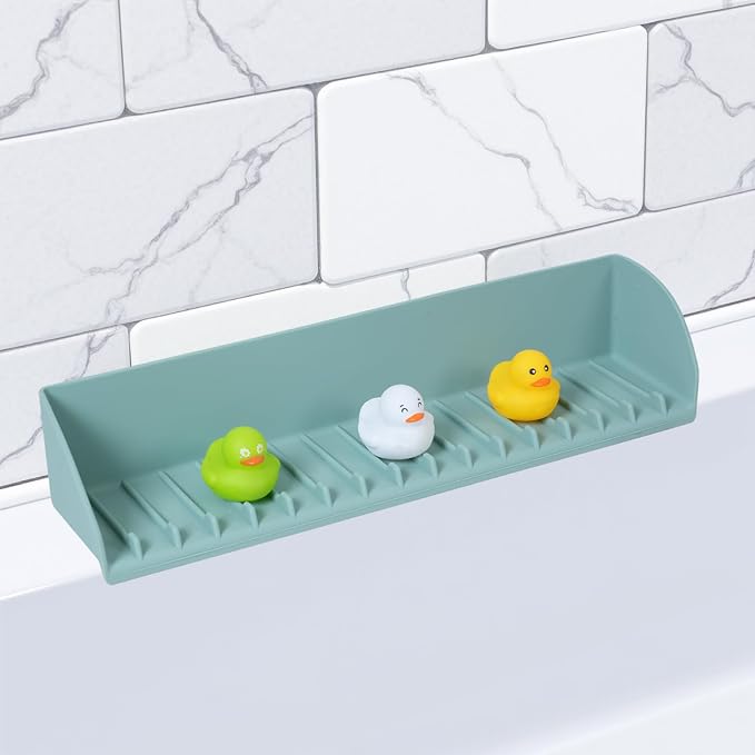 Tub Splash Guard for Kids, Water Splash Guard for Bathtub Edge, Bath Toy Storage and Play Shelf, Bathroom Silicone Splash-Resistant with 4 Suction Cups, Easy to Install, Aqua Blue, 1 Pack
