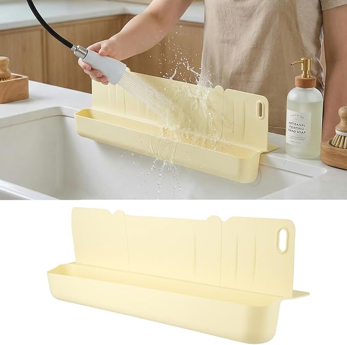 17In Kitchen Sink Splash Guard with Suction Cup for Kitchen Sink Area, Sink Edge Protector for Small Kitchen Sink, Bathtub & Counter, with Drain Rack & Sponge Holder (White)