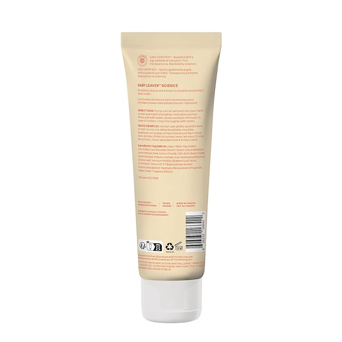 ATTITUDE Baby 2-in-1 Shampoo & Body Wash, EWG Verified, Dermatologically Tested, Vegan, Pear Nectar Scent, 8 Fl Oz