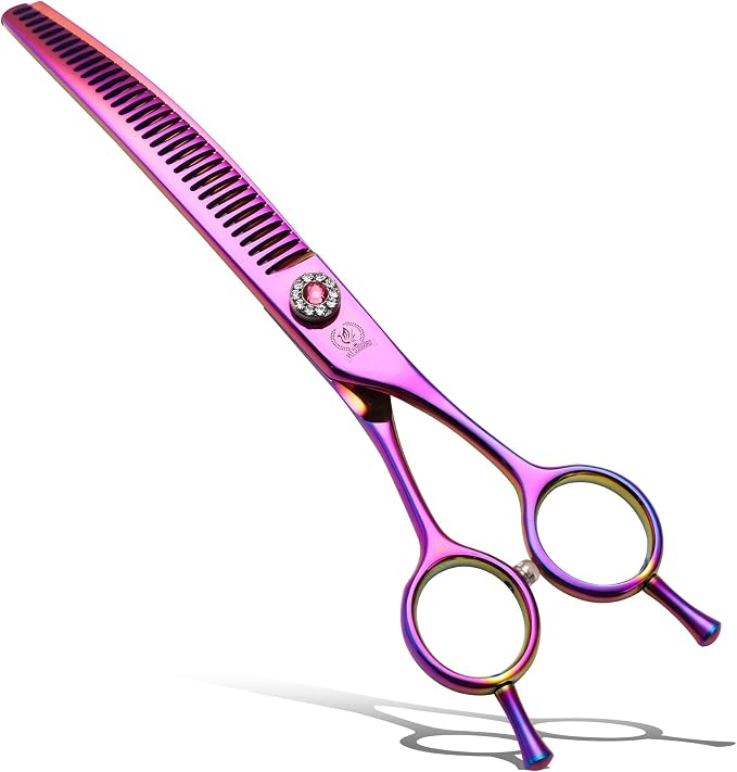 Professional Dog Grooming Scissors Pet Curved Chunker Shears 7.0'' Extremely Sharp Blades 440C Steel Thinning Scissors Durable Smooth Motion & Fine Cut for Dogs and Cats (Multicolored)