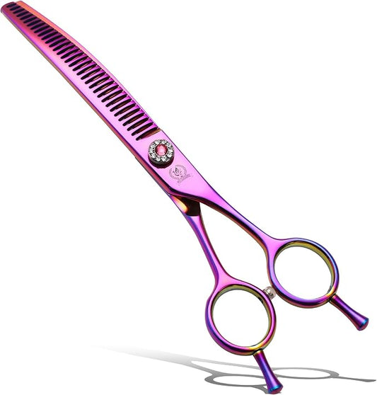 Professional Dog Grooming Scissors Pet Curved Chunker Shears 7.0'' Extremely Sharp Blades 440C Steel Thinning Scissors Durable Smooth Motion & Fine Cut for Dogs and Cats (Multicolored)