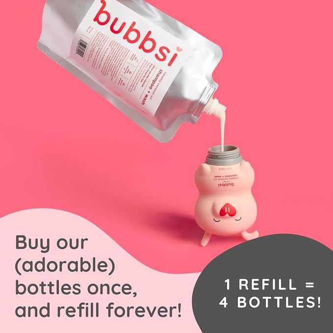 Bubbsi Baby Shampoo and Body Wash - Organic Coconut Oil and Shea Toddler Bath Soap w/Natural Scent, Gentle Sulfate-Free Kids Body Wash Won't Irritate Eyes (Refillable bottle, 8oz) (Refill Size, 32oz)