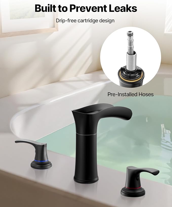 VEVOR Roman Tub Faucet, 3 Hole Waterfall Bathtub Faucet, Zinc Alloy Bath Tubs Faucets Set with 2 Handles, Deck Mount Bath Tub Faucets Set for Pet Washing, Baby Care, Adult Bathing, Matte Black