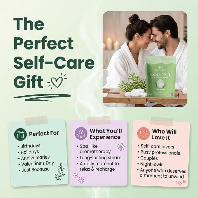 BodyRestore Shower Steamers Aromatherapy, Self Care Gifts, Essence 15 Pack | Birthday Gifts for Men, Spa Stress Relief & Relaxation, Refreshing & Cooling,Green Tea Essential Oil Tablets