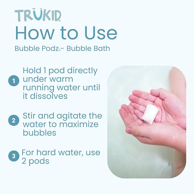 TruKid Bubble Podz Bubble Bath for Kids, Toddlers, & Babies, Tear Free Gentle & Refreshing Bath Bomb for Sensitive Skin with Natural Moisturizers, Non-Toxic, pH Balanced, Vanilla Scent (10 Podz)